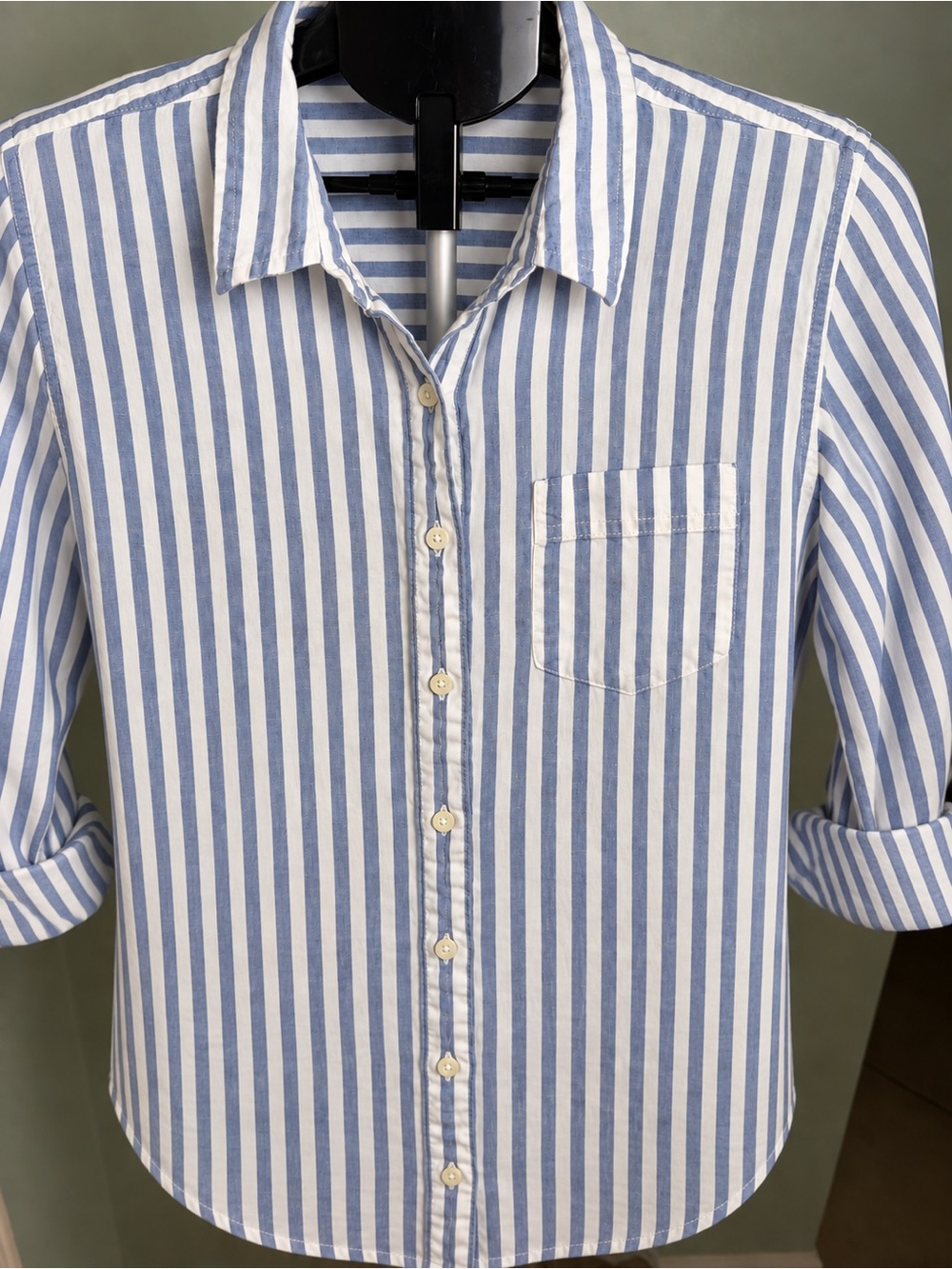 L.L.Bean Blue White Striped Linen Button Down Shirt Large